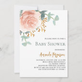 バラ金ゴールド水色フローラ赤ちゃんシャワー 招待状 (正面)