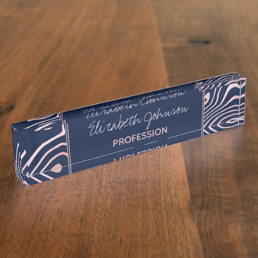 バラ金ゴールド液体旋回抽象芸術ブルーデザイン デスクネームプレート (側面)