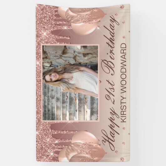 バラ金ゴールド滴下グリッターとダイヤモンド誕生日 横断幕 (縦)