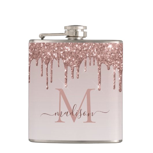 バラ金ゴールド滴下グリッタースパークルモダンモノグラム フラスク (正面)