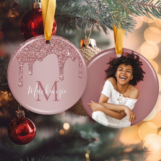 バラ金ゴールド滴下グリッターモノグラム写真 セラミックオーナメント