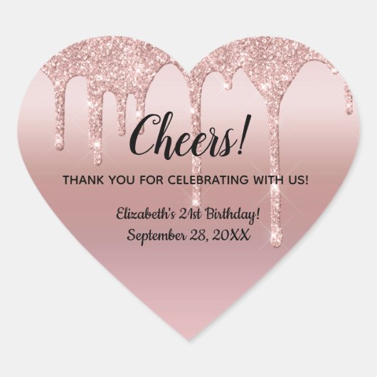 バラ金ゴールド滴下グリッター21歳の誕生日 ハートシール (正面)