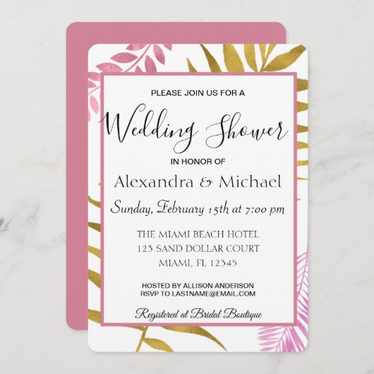 バラ金ゴールド熱帯フローラカップルのシャワー 招待状 (正面/裏面)