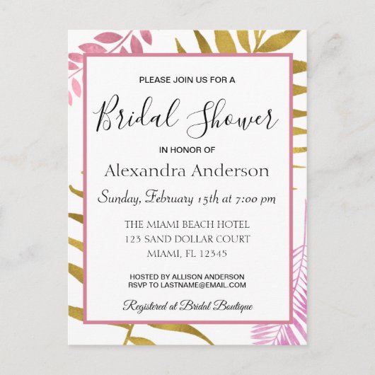 バラ金ゴールド熱帯フローラブライダルシャワー招待 インビテーションポストカード (正面)