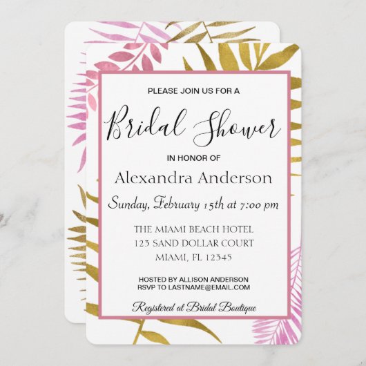 バラ金ゴールド熱帯フローラブライダルシャワー招待 招待状 (正面/裏面)