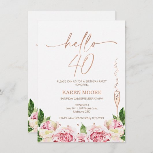 バラ金ゴールド牡丹40th誕生日招待状 招待状 (正面/裏面)