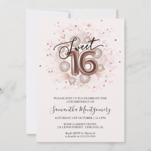 バラ金ゴールド甘い16ピンクの水の色の吹きガーリー出し 招待状 (正面)