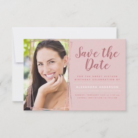 バラ金ゴールド甘い16誕生日日付を保存 招待状 (正面)