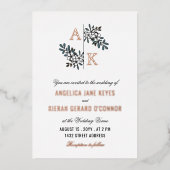 バラ金ゴールド白フローラモノグラム結婚のフォイルの招待 箔招待状 (正面)