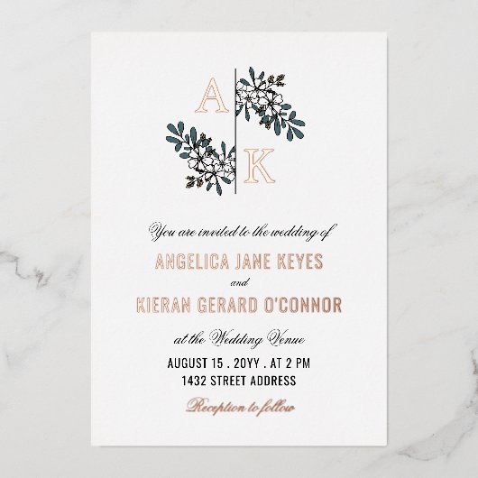 バラ金ゴールド白フローラモノグラム結婚のフォイルの招待 箔招待状 (正面)