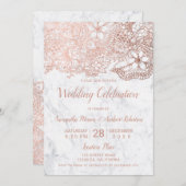 バラ金ゴールド白大理石フローラ結婚タイポグラフィ 招待状 (正面/裏面)