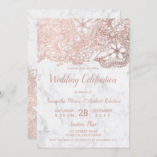 バラ金ゴールド白大理石フローラ結婚タイポグラフィ 招待状 (正面/裏面)