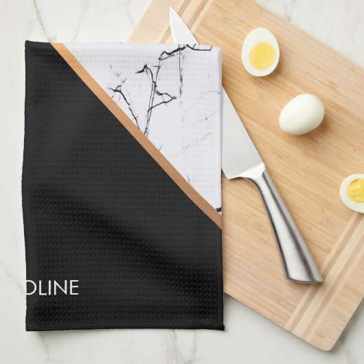 バラ金ゴールド白黒の大理石パターン キッチンタオル (四つ折り)