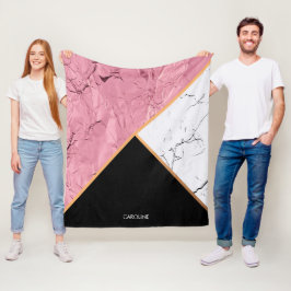 バラ金ゴールド白黒の大理石パターン フリースブランケット