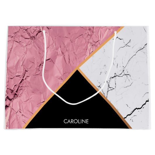 バラ金ゴールド白黒の大理石パターン ラージペーパーバッグ (正面)