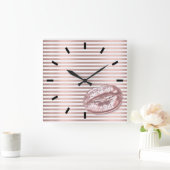 バラ金ゴールド白黒キス唇ストライプ線 スクエア壁時計 (ホーム)