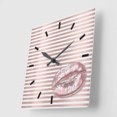 バラ金ゴールド白黒キス唇ストライプ線 スクエア壁時計 (傾斜)