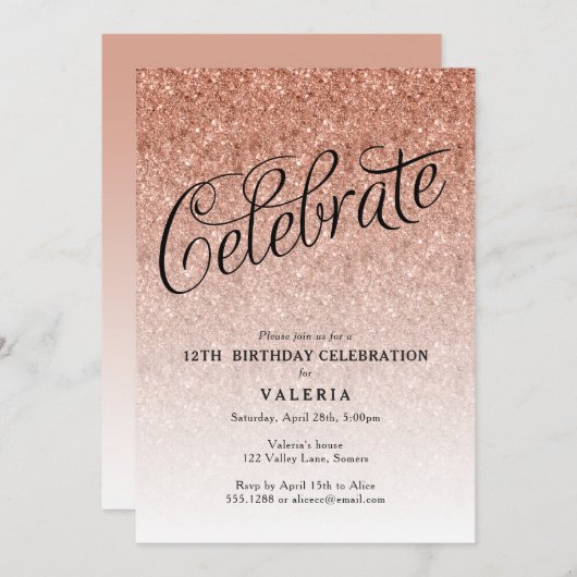 バラ金ゴールド祝誕生日グリッター招待状 招待状 (正面/裏面)