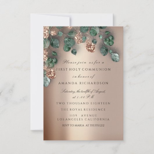 バラ金ゴールド第一聖餐式キリスト教十字架 招待状 (正面)