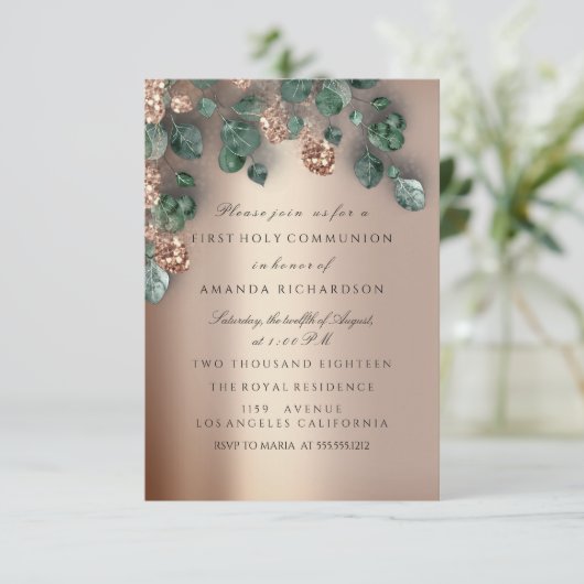 バラ金ゴールド第一聖餐式キリスト教十字架 招待状 (スタンド正面)