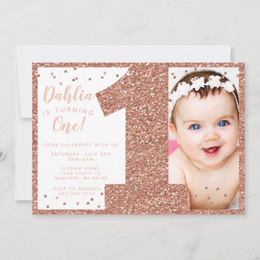 バラ金ゴールド第1誕生日招待状フェイクグリッター 招待状 (正面)