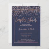 バラ金ゴールド紙吹雪ネイビーブルースクリプトカップルのシャワー 招待状 (正面)