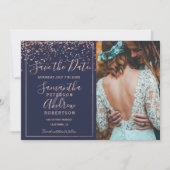 バラ金ゴールド紙吹雪ネイビーブルー日付写真を保存 セーブザデート (正面)