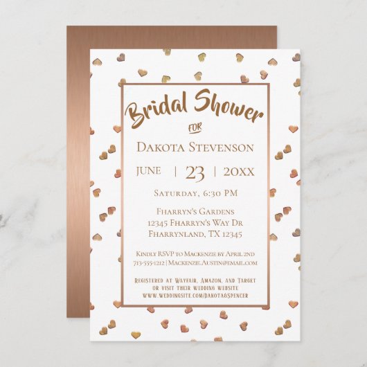 バラ金ゴールド紙吹雪ハートモダンブライダルシャワー 招待状 (正面/裏面)