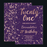 バラ金ゴールド紙吹雪パープル（ばちゃばちゃ）跳ねる21st誕生日 招待状<br><div class="desc">バラ金ゴールド紙吹雪（ばちゃばちゃ）跳ねるフェイク21stバースデーモダン.A21stバースデータイポグラフィと手描きとブラシとの箔の招待とオリジナルとの完全にカスタマイズ可能な紫色ブドウ色の背景。..何もしか文字を変えカスタマイズても私を躊躇連絡しない！</div>