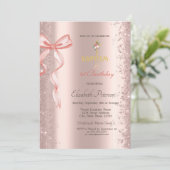 バラ金ゴールド紙吹雪ピンクボウバプテスマ&誕生日 招待状 (スタンド正面)