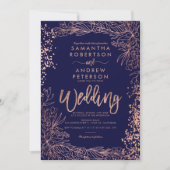 バラ金ゴールド紙吹雪フローラネイビー結婚ブルー 招待状 (正面)