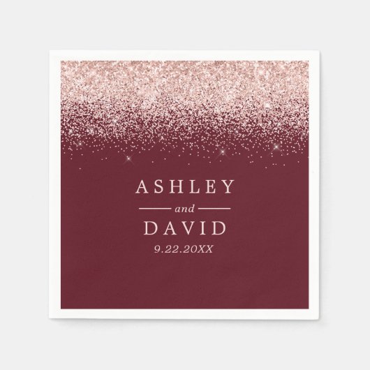 バラ金ゴールド紙吹雪ブルグンディモダン結婚ズ スタンダードカクテルナプキン (正面)