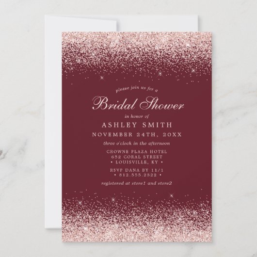 バラ金ゴールド紙吹雪ブルゴーニュモダンブライダルシャワー 招待状 (正面)