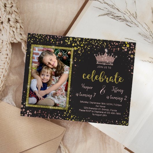 バラ金ゴールド紙吹雪プリンセスフレンズジョイント誕生日 招待状