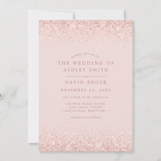 バラ金ゴールド紙吹雪モダン赤面結婚ピンク 招待状 (正面)