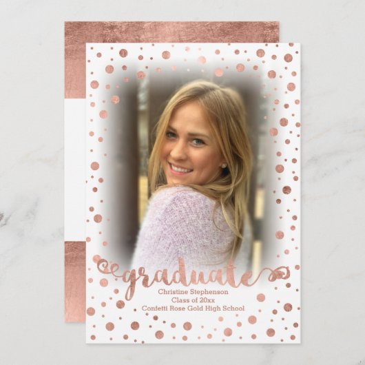 バラ金ゴールド紙吹雪写真卒業 招待状 (正面/裏面)