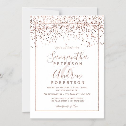 バラ金ゴールド紙吹雪白結婚タイポグラフィ マグネット招待状 (正面)