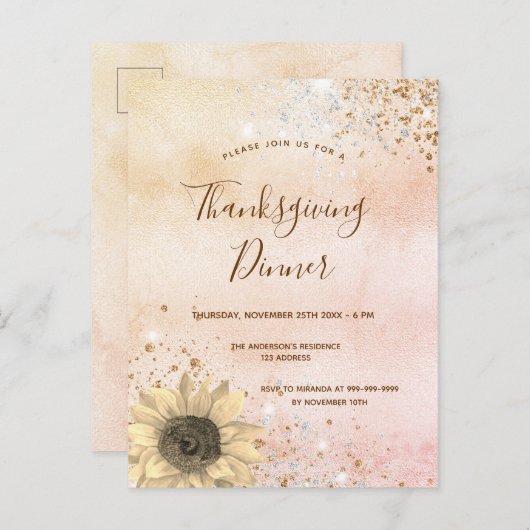 バラ金ゴールド素朴なひまわり感謝祭ディナー インビテーションポストカード (正面/裏面)