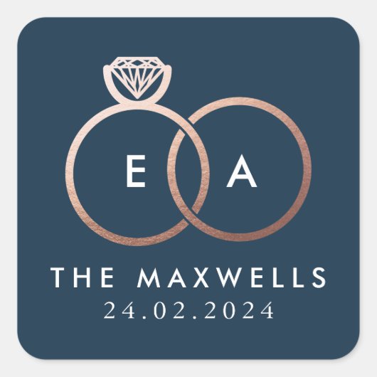 バラ金ゴールド結婚のリングや輪モノグラム名日付海軍 スクエアシール (正面)