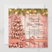 バラ金ゴールド結婚クリスマスツリー、ライト&リボン 招待状 (正面)