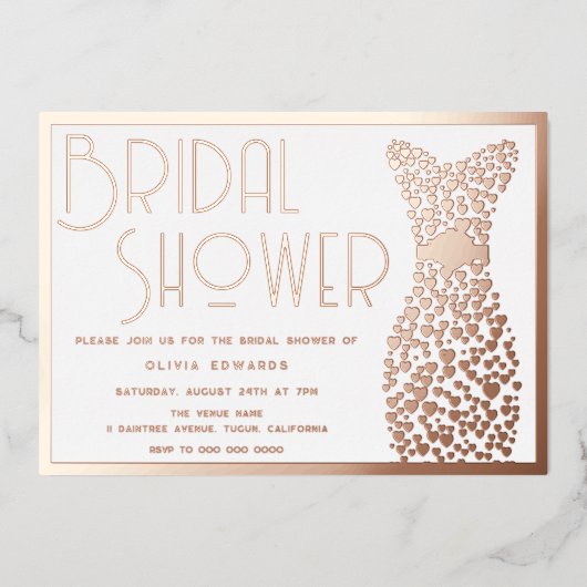 バラ金ゴールド結婚ズガウンヴィンテージレトロブライダルシャワー 箔招待状 (正面)