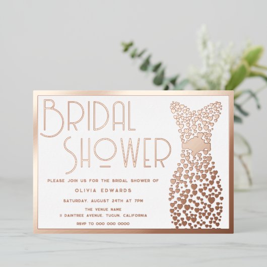 バラ金ゴールド結婚ズガウンヴィンテージレトロブライダルシャワー 箔招待状 (立ち正面)