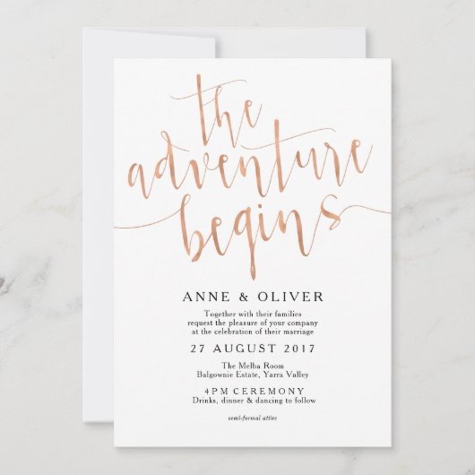 バラ金ゴールド結婚式招待状ザアドベンチャー開始 招待状 (正面)