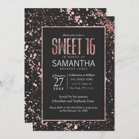 バラ金ゴールド絵を描(ばちゃばちゃ)跳ねるスウィート16招待状 招待状 (正面/裏面)