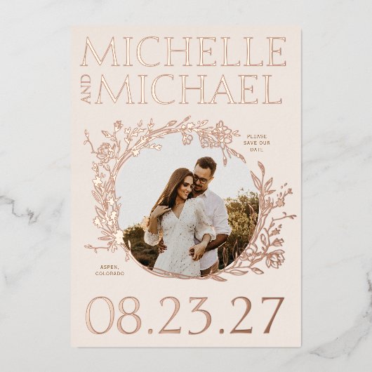 バラ金ゴールド縁どフローラ写真Date Cardを保存 箔招待状 (正面)