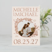 バラ金ゴールド縁どフローラ写真Date Cardを保存 箔招待状 (立ち正面)