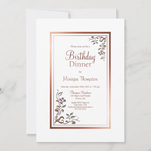 バラ金ゴールド縁どフローラ誕生日ディナーパーティー 招待状 (正面)
