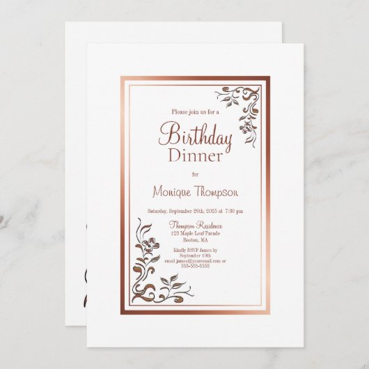 バラ金ゴールド縁どフローラ誕生日ディナーパーティー 招待状 (正面/裏面)