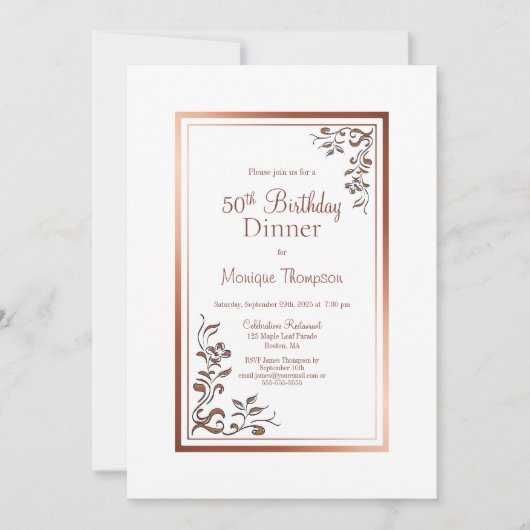 バラ金ゴールド縁どフローラ50th誕生日ディナーパーティー 招待状 (正面)