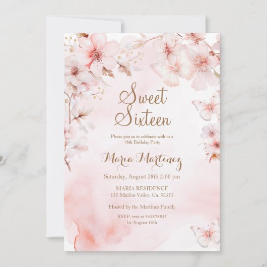 バラ金ゴールド花と金ゴールドグリッターSweet 16 招待状 (正面)